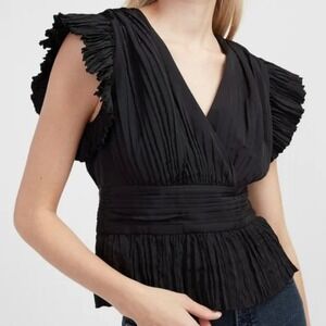Express Black Pleated Ruffle Sleeve‎ Peplum V-Neck Blouse Top ChicWomen's Small